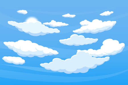 Fluffy clouds sky. Beautiful heaven with white cumulus and sun. Peaceful background. Cartoon natural phenomena. Atmosphere precipitation. Day cloudscape. Cloudy shapes. Vector conceptのイラスト素材
