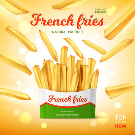 Potato snack product poster. Realistic French fries packaging. Advertising banner. Unhealthy meal in...