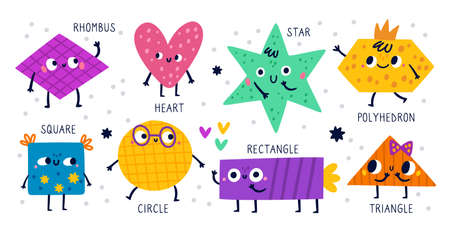 Basic geometric shapes faces. Cute baby educational figures with inscriptions. Childish patterned color emoji characters. Circle and polygons with funny smiles. Vector abstract forms setのイラスト素材