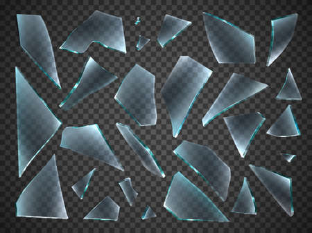 Broken glass shards. Realistic different random shapes pieces. 3D sharp chipped fragments. Transparent shattered window. Fragile clear surface. Vector isolated damaged mirror debris setのイラスト素材