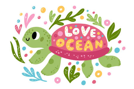 Cartoon turtle poster. Funny ocean animal. Seaweeds and air bubbles. Water reptile with shell....