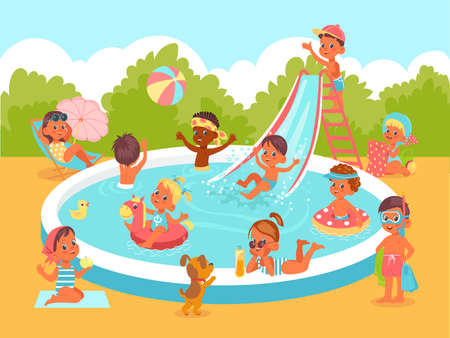 Pool party kids. Fun water game. Happy children with floating toys. Boys and girls ride swimming pond slide. Characters inflated circles and balls. Beach summer leisure. Vector conceptのイラスト素材