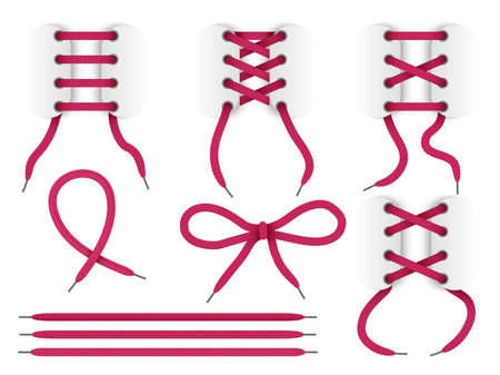 Realistic shoelace. Different lacing ways. Realistic boots ropes. Separate ribbons and bows with grommets. Isolated 3d strings. Cross or parallel variants. Vector footwear red cords setのイラスト素材