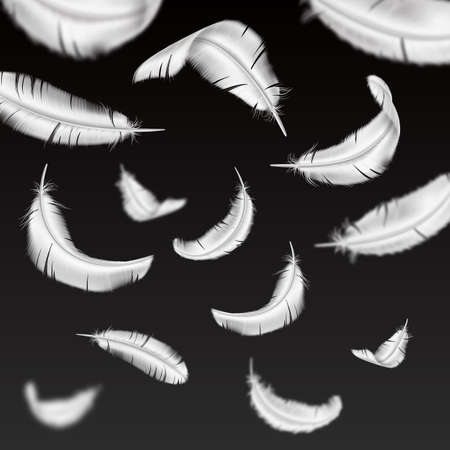 Realistic flying feathers background. 3D white fluffy goose plumage elements. Falling feathering parts. Angels and birds wings. Swan curled quills. Smooth light plume. Vector conceptのイラスト素材