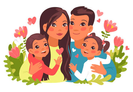 Family hugs. Happy parents and children characters portrait. Cartoon embracing people and flowers. Dad and mom together with son and daughter. Relatives relationship. Vector conceptのイラスト素材