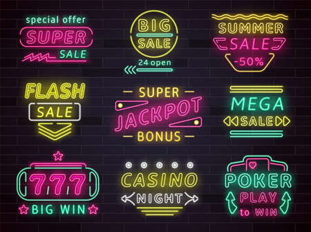 Neon casino signs. Realistic glowing emblems. Gambling light signage. Jackpot and winning bets. Poker game. Sale advertising signboards with arrows. Vector illuminated billboards setのイラスト素材
