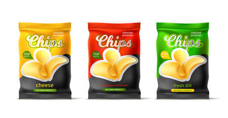 Potato chips package design. Realistic vegetable snacks. Fast food product mockup. Frying unhealthy meal in air bags. Fried crunchy tuber slices. Different tastes. Vector packaging setのイラスト素材