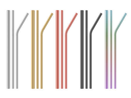 Realistic metal drinking straws. Different colors steel zero waste pipes for beverage. Straight and curved cocktail sticks. Alternative eco product. Vector reusable bar accessories setのイラスト素材