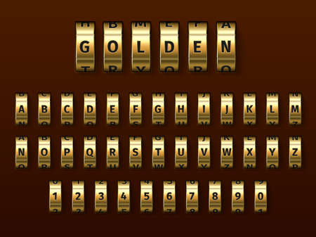 Realistic golden locks combination font. Yellow metal alphabet. Rotating wheels with numbers and letters. Bank codeword for safe protection. Access password. Vector spinning elements setのイラスト素材