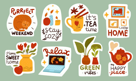 Cozy stickers. Hygge home elements. Little items compositions with funny text. Cup and teapot. Everyday things emblems. Hot drink and houseplants. Aroma candles. Vector doodle style setのイラスト素材