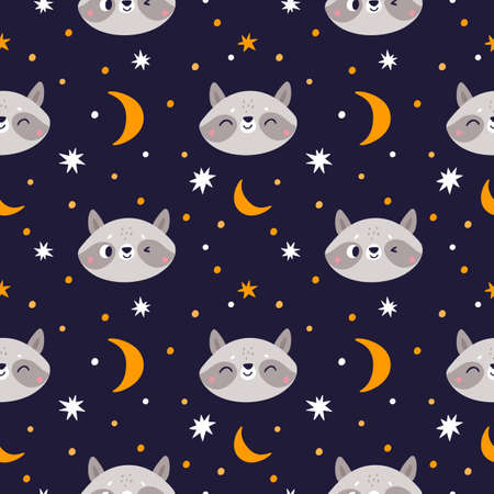 Funny raccoon seamless pattern. Cute little animals smiling faces. Wildlife cartoon characters. Comic mammal muzzles. Stars and dots. Night sky. Happy creatures head. Vector backgroundのイラスト素材