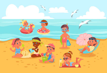 Kids on beach illustration. Summer seashore with boys and girls. Babies sunbathing and swimming in water. Cartoon characters in swimsuits. Happy children play with sand. Vector conceptのイラスト素材