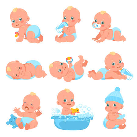 Newborn baby boy. Little child in diaper. Different emotions and everyday actions. Infant eating or bathing. Kid sleeping and playing with toys. Infancy age. Vector funny toddlers setのイラスト素材