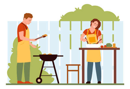 Happy couple cooking barbecue. Man roasting meat. Woman serving saladのイラスト素材