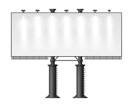 Realistic blank city billboard. Advertising signboard with spotlights. Isolated street stand. Commercial promotion board front view. Business advertisement. Vector roadside signage mockupのイラスト素材
