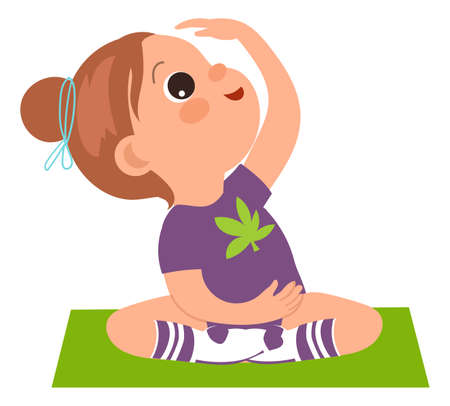 Cartoon child stretching on yoga mat. Happy girl characterのイラスト素材