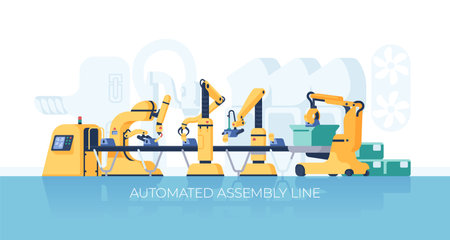 Conveyor factory. Electronic assembly and packaging machine. Production workshop. Technology work process. Robotic automated operation. Plant manufacture with manipulators. Vector conceptのイラスト素材