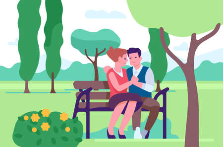 Couple in love. Man and woman sitting on bench in park. Outdoor romantic pastime. Loving pair walking on nature. Embracing persons. People characters meeting. Summer leisure. Vector conceptのイラスト素材