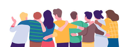 Hugging friend group. Back view people. Teamback colleagues cuddle. Young men and women characters in hugs. Happy persons standing in embrace. Togetherness and friendship. Vector conceptのイラスト素材