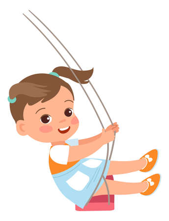 Kid on rope swing. Swinging girl. Park recreation. Preschool child playing in playground with attractions. Outdoor leisure. Active game. Baby riding carousel. Vector kindergarten funのイラスト素材