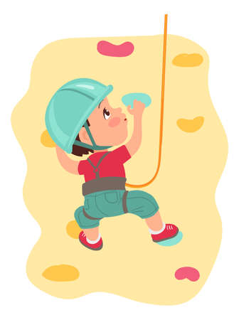 Kids climbing. Children sport activity. Teenagers clambering artificial rocks. Boy cling to ledges. Extreme hobby. Walls with colored projections. Mountaineering training. Vector alpinistのイラスト素材