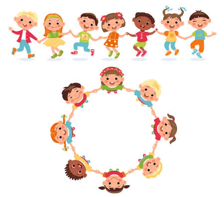 Kids roundelay top view. Boys and girls holding hands. Babies dancing in circle and chain. Children have fun. Active games. Multicultural communication. Friends cooperation. Vector conceptのイラスト素材