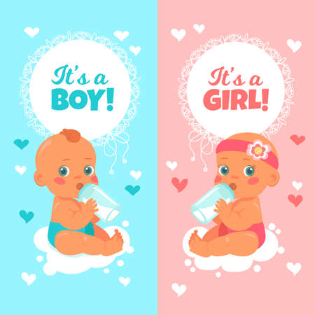 Newborn baby cards. Boy and girl vertical banners. Toddlers with bottles. Greeting child gender...