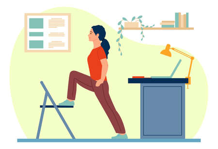 Workplace workout people. Physical training in office. Work break. Woman doing sport exercise. Employee standing in fitness position. Healthy lifestyle. Vector worker practicing yogaのイラスト素材