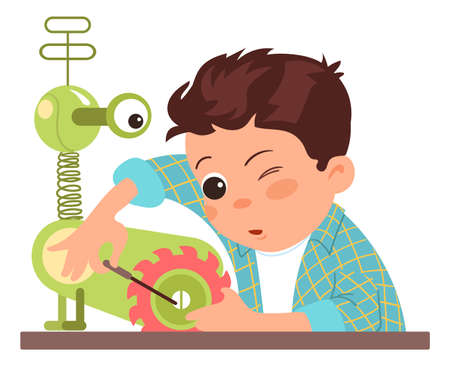 Child assemble robot. Boy making robotic toy. Kid creating automatic electronic machine. Artificial intelligence. Baby programming android. Educational scientific project. Vector conceptのイラスト素材