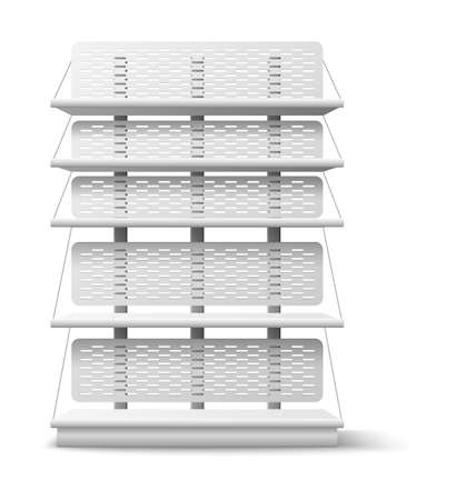 Empty shelving stand. Realistic shopping shelves. Isolated supermarket and stores furniture. Front view rack. White showcase for merchandise presentation. Vector shop interior objectのイラスト素材