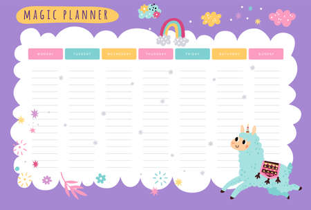 Cute llamas weekly planner. Magic alpaca unicorn. Kids schedule of classes. Rainbow and clouds. School organizer with funny animal. Lessons planning. Vector blank timetable cartoon designのイラスト素材