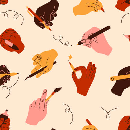Human hands seamless pattern. Colored male arms with different artistic or office tools. Person...