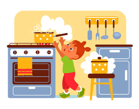 Kid danger. Child reaches for boiling water pot. Girl risks in kitchen. Baby unattended. Traumatic situation. Naughty child with hot pan. Little cooker accident. Splendid vector conceptのイラスト素材