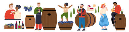 People drink wine. Winemaking industry. Grape harvest. Sommelier characters testing natural...