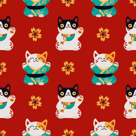 Seamless Japanese maneki cats. Lucky Asian symbols background. Traditional souvenir. Kittens with raised foot. Sakura flower. Oriental print with fortune talisman. Garish vector patternのイラスト素材