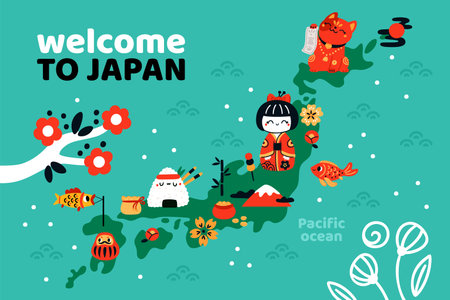Welcome to Japan. Map with traditional elements. Cultural attraction. Invitational travel banner. Lucky items and food. National tourism attributes. Japanese souvenir. Vector posterのイラスト素材