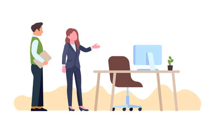 Businesswoman showing workplace to new employee. Office people communication. Woman pointing to work furniture. Workspace with desk and computer. Manager recruitment. Vector conceptのイラスト素材