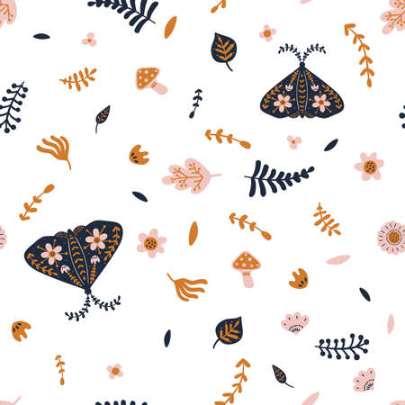 Floral animal seamless pattern. Moth and plant branches. Summer herbs. Forest leaves or mushrooms. Repeated print with flying butterfly and blooming flowers. Vector natural backgroundのイラスト素材