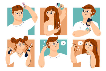 Hair care man. People everyday beauty routine. Alopecia problem. Persons applying mask and serum. Guy combing or making hairstyle. Woman curling and straightening. Garish vector setのイラスト素材