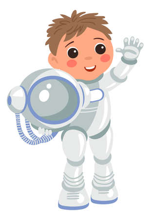 Kid in space suit waving hand. Happy astronaut greetingのイラスト素材