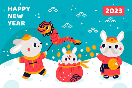 New year rabbits. 2023 winter celebration. Chinese bunnies with dragon. Asian culture. Holiday greeting poster. Traditional zodiac symbols. Cute hares in red costumes. Garish vector cardのイラスト素材
