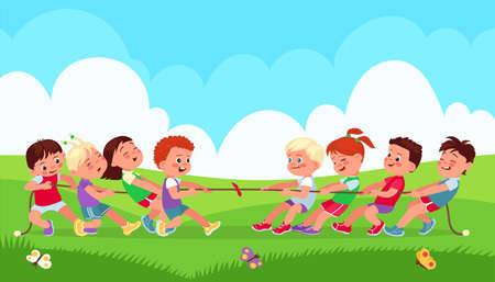 Tug of war. Funny children on nature pulling rope. Friends play outdoor. Sports gaming activity. Group competition. Boys and girls fun battle. Teams contest. Splendid vector conceptのイラスト素材