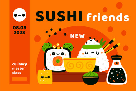 Cute sushi rolls poster. Kawaii cartoon Japanese food characters. Comic onigiri and tofu. Seafood with rice. Culinary master class. Wasabi and soy sauce composition. Garish vector conceptのイラスト素材