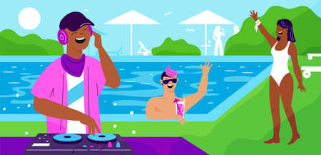DJ pool party people. Bikini event. Outdoor friends rest. Persons relax and drink cocktails. Summertime chillout. Music turntables. Electronic music. Disco mixer. Garish vector conceptのイラスト素材