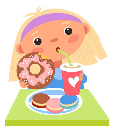Girl sitting at table with sweet desserts and drinking sodaのイラスト素材