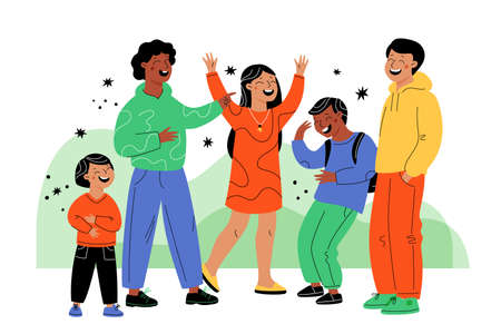 Laughing friends. Happy giggling different ages company. Humor and jokes. Children and adults hilarious group. Excited people. Positive emotions. Joyful teenagers. Garish vector conceptのイラスト素材