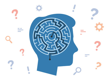Man thinking and looking for solution. Human head with labyrinth. People solving problem. Male searching decisions. Person finding answers. Maze with path. Question signs. Vector conceptのイラスト素材