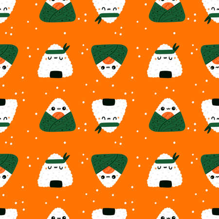 Cute sushi rolls seamless pattern. Cartoon triangular onigiri with funny rice with nori algae and salmon filling. Japanese food happy characters. Asian snacks. Garish vector backgroundのイラスト素材