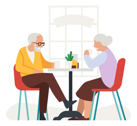 Elderly people drinking tea. Old couple sitting at table and talkingのイラスト素材