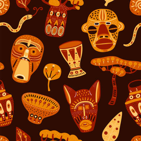 African masks seamless pattern. Ritual decorative elements. Ancient crafts and traditional items. Cultural symbols. Tribal totems and djembe. Baobab and animals. Classy vector backgroundのイラスト素材
